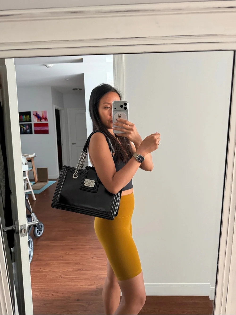 CHANEL Black Patent Satchel with Silver-Tone Chain
